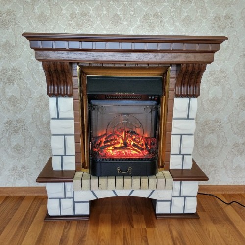 Фронтальний каминокомплект Fireplace Лондон Білий + Горіх ефект мерехтливих дров зі звуком і обігрівом