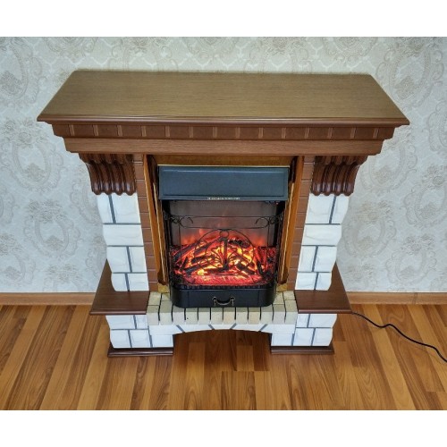 Фронтальний каминокомплект Fireplace Лондон Білий + Горіх ефект мерехтливих дров зі звуком і обігрівом