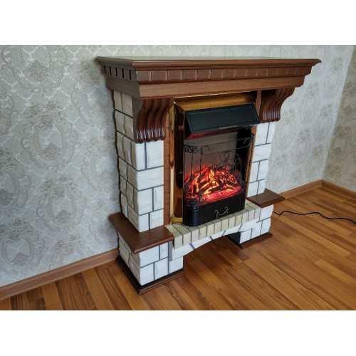Фронтальний каминокомплект Fireplace Лондон Білий + Горіх ефект мерехтливих дров зі звуком і обігрівом