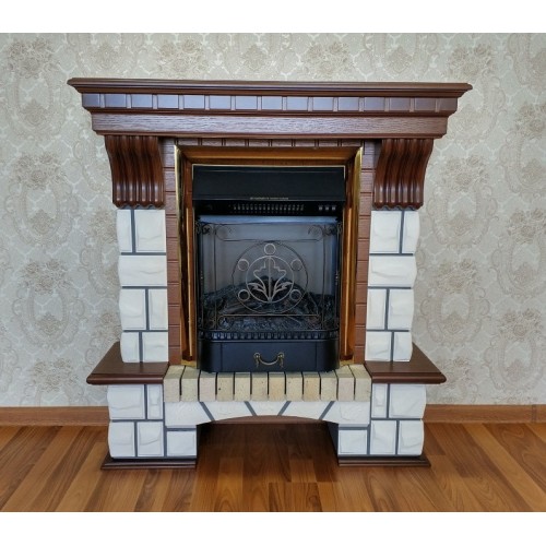 Фронтальний каминокомплект Fireplace Лондон Білий + Горіх ефект мерехтливих дров зі звуком і обігрівом