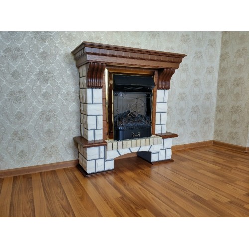 Фронтальний каминокомплект Fireplace Лондон Білий + Горіх ефект мерехтливих дров зі звуком і обігрівом