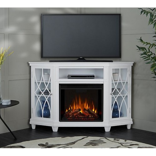 Кутова ТБ тумба з каміном Fireplace Сан-Франциско Білий ефект живого вогню зі звуком і обігрівом