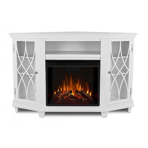 Кутова ТБ тумба з каміном Fireplace Сан-Франциско Білий ефект живого вогню зі звуком і обігрівом