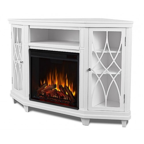 Кутова ТБ тумба з каміном Fireplace Сан-Франциско Білий ефект живого вогню зі звуком і обігрівом