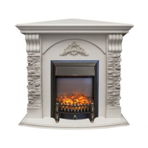 Кутовий каминокомплект Fireplace Кіпр Білий дуб ефект мерехтливих дров зі звуком і обігрівом