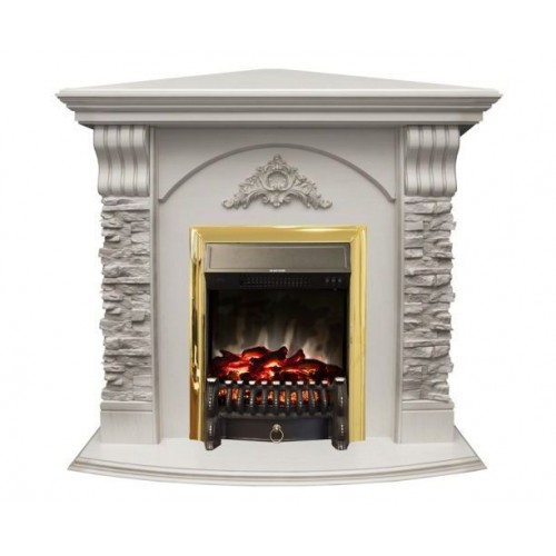 Кутовий каминокомплект Fireplace Кіпр Білий дуб ефект мерехтливих дров зі звуком і обігрівом
