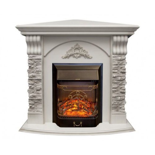 Кутовий каминокомплект Fireplace Кіпр Білий дуб ефект мерехтливих дров зі звуком і обігрівом