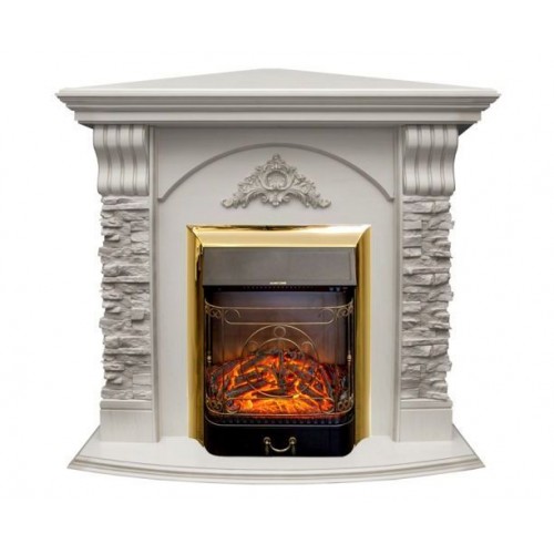 Кутовий каминокомплект Fireplace Кіпр Білий дуб ефект мерехтливих дров зі звуком і обігрівом