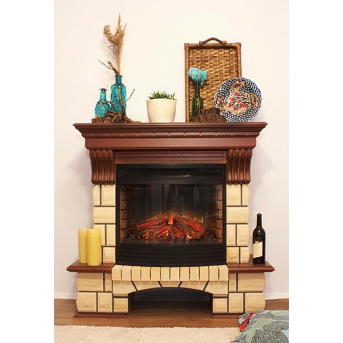 Напольный каминокомплект Fireplace Рим Песочный + Орех эффект живого пламени со звуком и обогревом