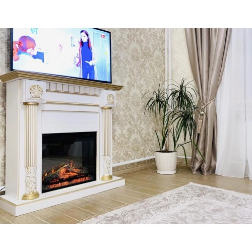 Пристінний камін Fireplace Каприс Білий + Патина ефект живого полум'я зі звуком і обігрівом